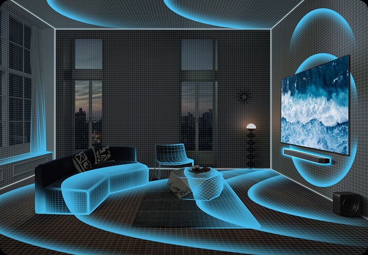 거실 벽에 TV와 사운드바가 설치되어 있으며, 사운드바에서 음향효과가 나와 거실을 덮고 있습니다.