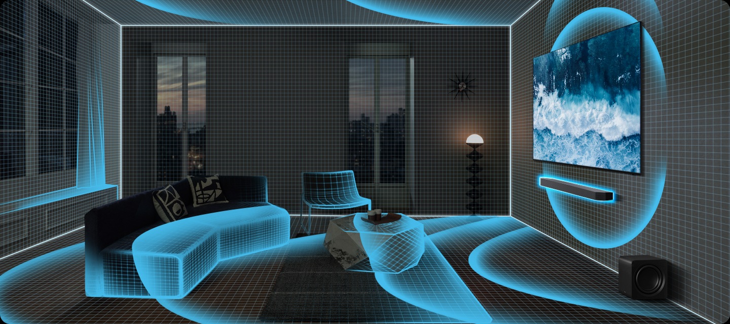 거실 벽에 TV와 사운드바가 설치되어 있으며, 사운드바에서 음향효과가 나와 거실을 덮고 있습니다.