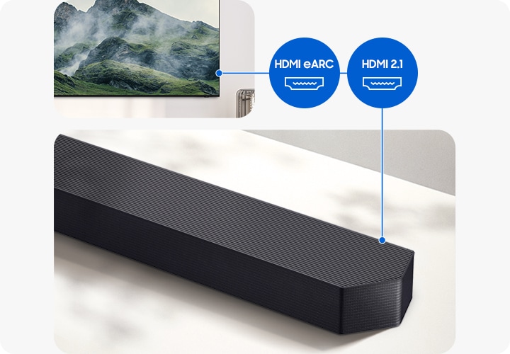 TV와 사운드바가 연결되어 있습니다. 그 사이에는 HDMI eARC 아이콘과 HDMI 2.1 아이콘이 보입니다.