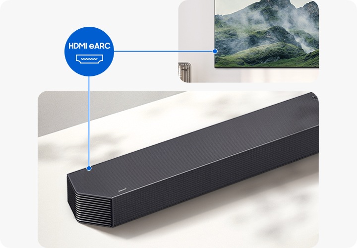 TV와 사운드바가 연결되어 있습니다. 그 사이에는 HDMI eARC 아이콘이 보입니다.