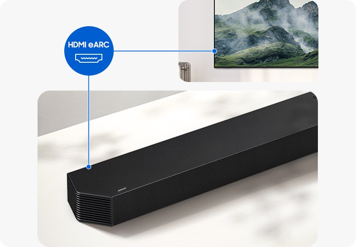 TV와 사운드바가 연결되어 있습니다. 그 사이에는 HDMI eARC 아이콘이 보입니다.