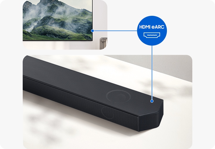 TV와 사운드바가 연결되어 있습니다. 그 사이에는 HDMI eARC 아이콘이 보입니다.