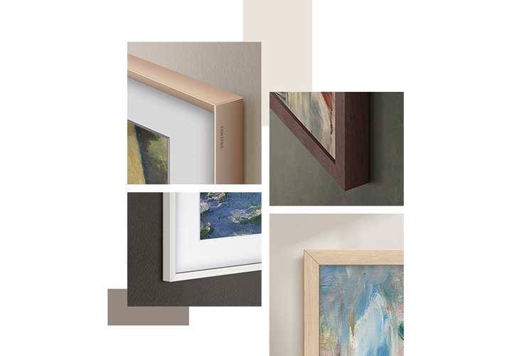 위에서부터 시계방향으로 챔퍼 샌드골드 베젤이 설치된 The Frame의 우측 상단, 플랫 브라운 베젤이 설치된 The Frame의 우측 하단, 플랫 티크 베젤이 설치된 The Frame의 좌측 상단, 플랫 화이트 베젤이 설치된 The Frame의 좌측 하단이 확대되어 있습니다.