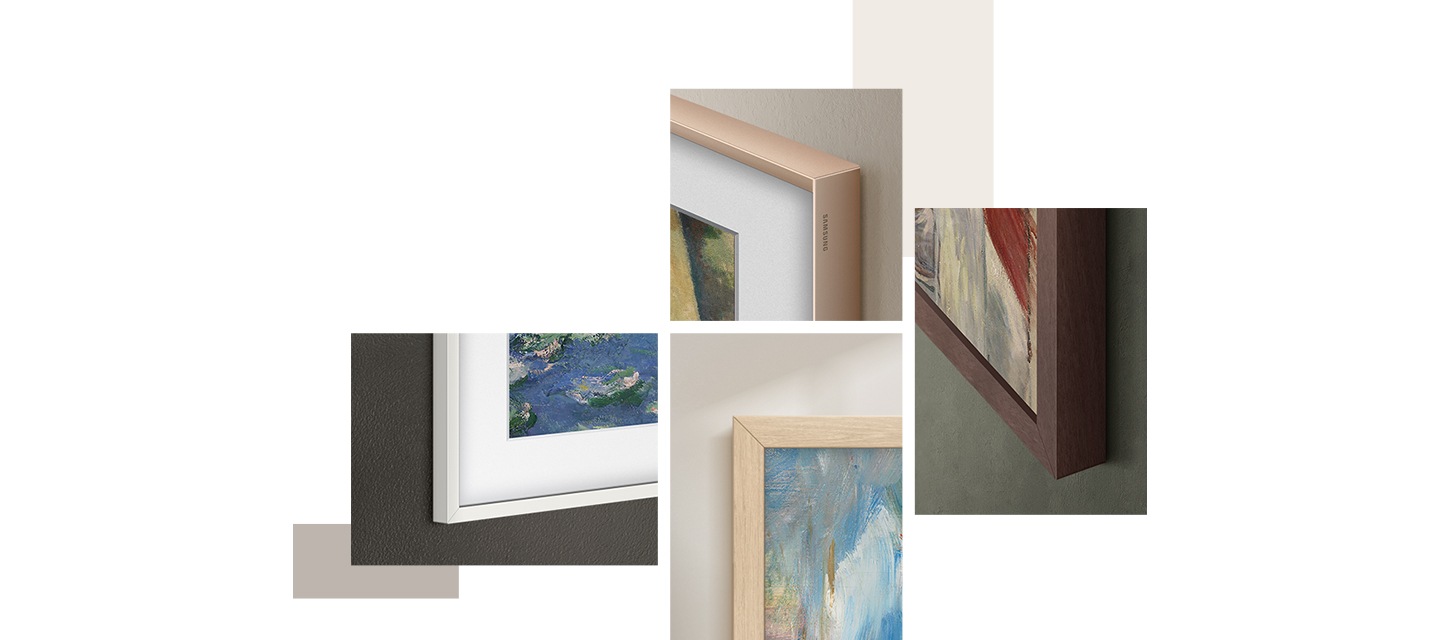 위에서부터 시계방향으로 챔퍼 샌드골드 베젤이 설치된 The Frame의 우측 상단, 플랫 브라운 베젤이 설치된 The Frame의 우측 하단, 플랫 티크 베젤이 설치된 The Frame의 좌측 상단, 플랫 화이트 베젤이 설치된 The Frame의 좌측 하단이 확대되어 있습니다.