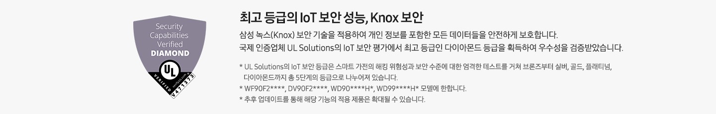 왼쪽에는 다이아몬드 로고 있고, 로고 아래에는 함께 글로벌 가전업계 최초 loT 보안 평가 최고 등급인 다이아몬드 획득 문구 있습니다, 오른쪽에는 최고 등급의 IoT 보안 성능, Knox 보안 BESPOKE AI 콤보에 삼성 녹스(Knox) 보안 기술을 적용하여 개인 정보를 포함한 모든 데이터들을 안전하게 보호합니다.국제 인증업체 UL Solutions의 IoT 보안 평가에서 최고 등급인 다이아몬드 등급을 획득하여 우수성을 검증받았습니다.  * UL Solutions의 IoT 보안 등급은 스마트 가전의 해킹 위험성과 보안 수준에 대한 엄격한 테스트를 거쳐 브론즈부터 실버, 골드, 플래티넘, 다이아몬드까지 총 5단계의 등급으로 나누어져 있습니다.* BESPOKE AI 콤보 제품 중 WD25DB8995** 모델에 한합니다.* 추후 업데이트를 통해 해당 기능의 적용 제품은 확대될 수 있습니다. 문구 있습니다.