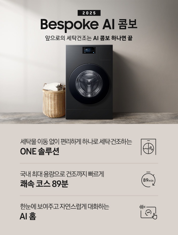 BESPOKE AI콤보 MID가 우드톤으로 인테리어한 실내 공간 가운데에 있습니다. 기기 위쪽에는 2025, BESPOKE AI콤보, AI로 세탁건조를 한 번에. 더 빨리. 더 많이 텍스트가 있습니다. 왼쪽에는 빨래 바구니 있습니다. 이미지 아래에는 세탁물 이동 없이 편리하게 하나로 세탁 건조하는 ONE 솔루션, 국내 최대용량으로 건조까지 빠르게 쾌속 코스 89분, 한눈에 보여주고 자연스럽게 대화하는 AI 홈 텍스트와 각각의 아이콘이 있습니다.