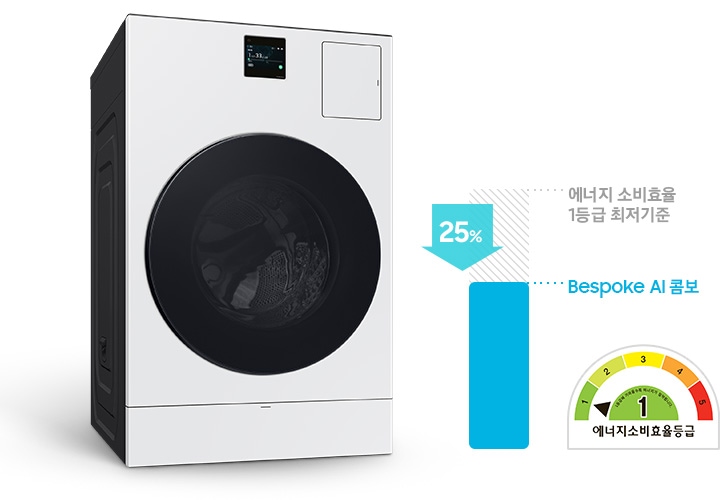 제품의 평생보증 라벨과 에너지소비효율 1등급 라벨을 보여주고 있습니다. 에너지 소비 효율 1등급 최저기준보다 최대 30% 절전 수치와 에너지소비효율등급 로고 있습니다.