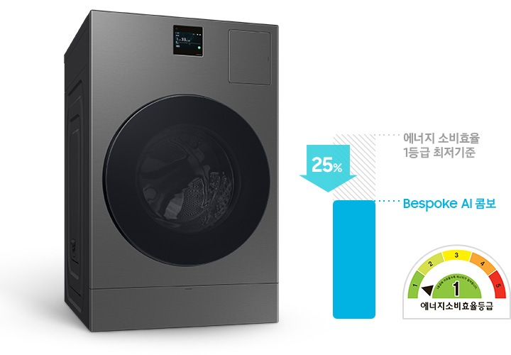 제품의 평생보증 라벨과 에너지소비효율 1등급 라벨을 보여주고 있습니다. 에너지 소비 효율 1등급 최저기준보다 최대 30% 절전 수치와 에너지소비효율등급 로고 있습니다.