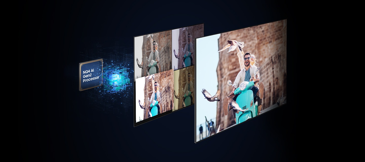 2세대 AI 4K 프로세서 칩 앞으로 스쿠터를 탄 남성의 이미지가 있습니다. 