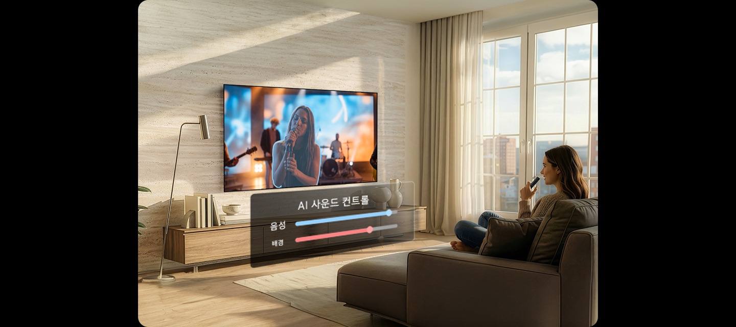 소파에 앉은 여성이 장식장 위에 설치된 TV를 보고 있습니다. TV 화면에는 밴드의 보컬이 노래를 하고 있습니다. TV 화면 아래 쪽에는 ‘AI 사운드 컨트롤‘ 상태가 있습니다.