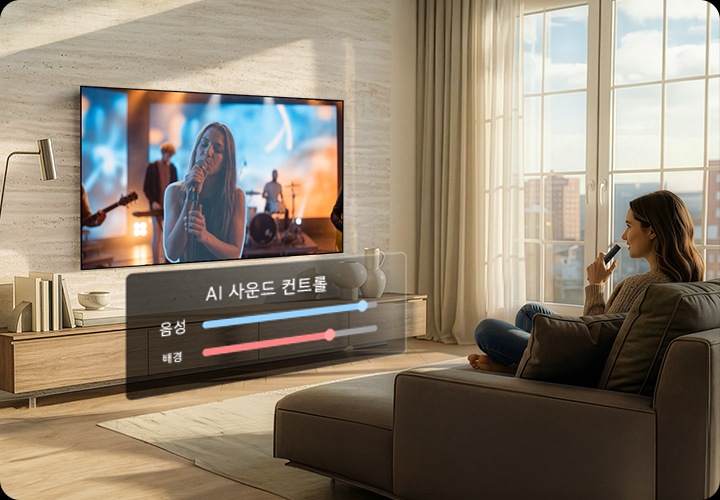 소파에 앉은 여성이 장식장 위에 설치된 TV를 보고 있습니다. TV 화면에는 밴드의 보컬이 노래를 하고 있습니다. TV 화면 아래 쪽에는 ‘AI 사운드 컨트롤‘ 상태가 있습니다.