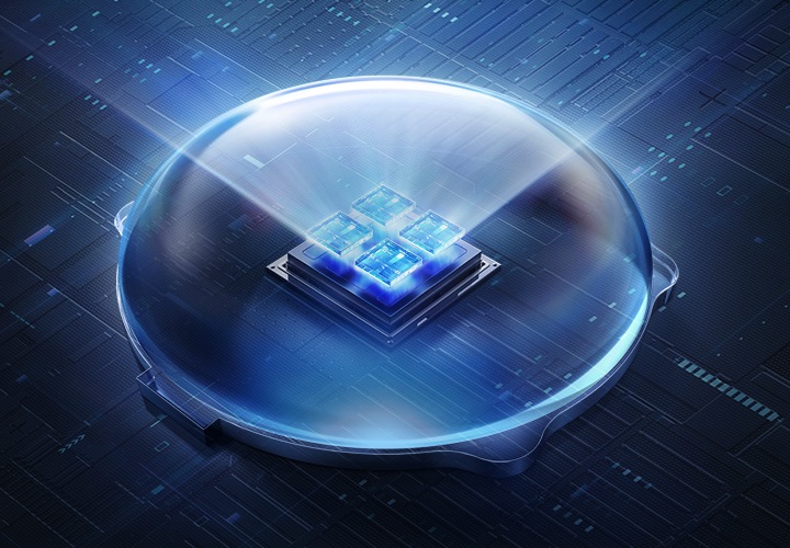 푸른색 배경에 프로세서 칩이 보이며, 칩에서 빛이 나오고 있습니다.