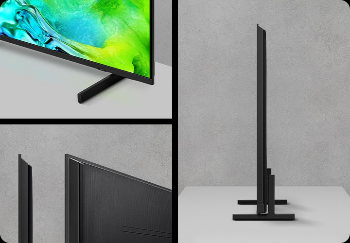 왼쪽에는 TV의 모서리 부분이 보여지고 있으며, 오른쪽에는 TV의 우측면이 보여지고 있습니다.