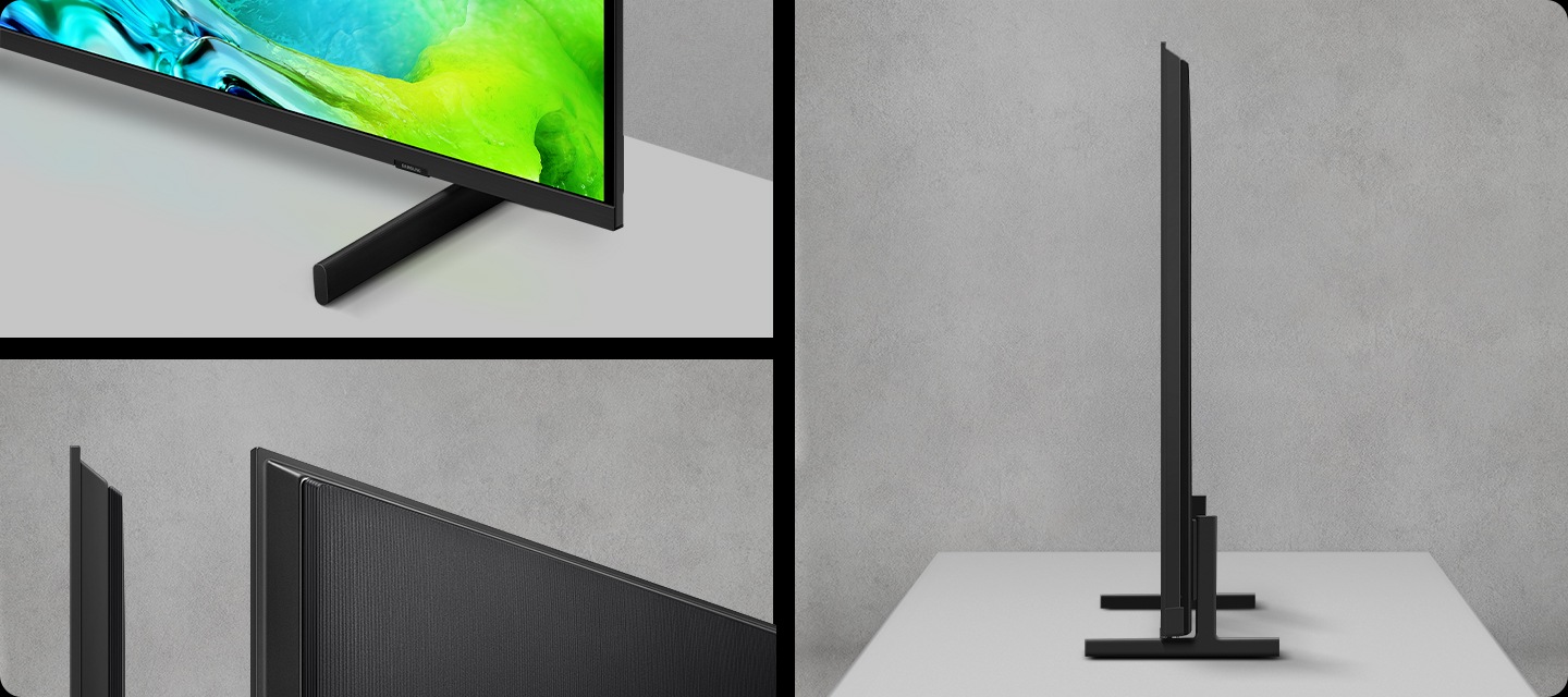 왼쪽에는 TV의 모서리 부분이 보여지고 있으며, 오른쪽에는 TV의 우측면이 보여지고 있습니다.