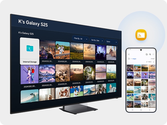 스탠드형 TV와 휴대폰이 놓여 있으며, TV와 휴대폰의 화면은 서로 동기화 되어 있습니다.