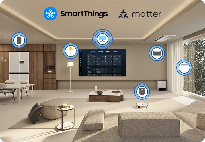 청소기, 에어컨, 조명 등 집 안의 다양한 스마트 기기와 TV가 연결되어 있는 모습을 보여주고 있습니다.