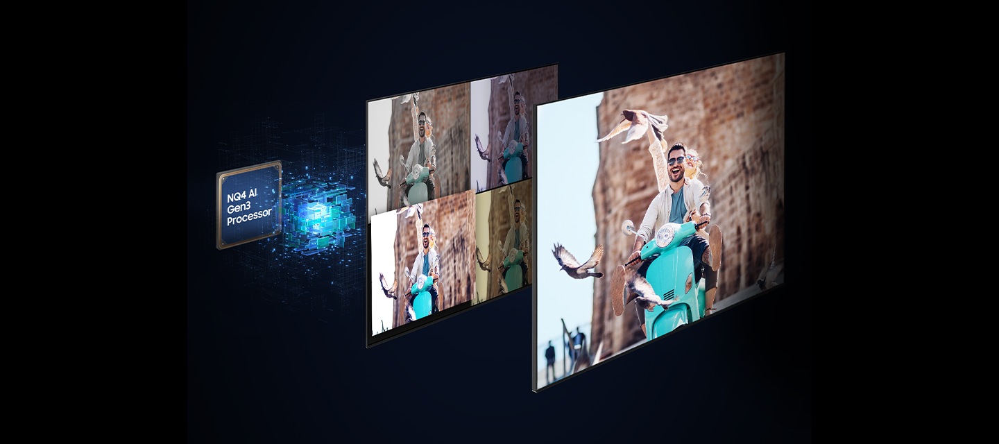 3세대 AI 4K 프로세서 칩 앞으로 스쿠터를 탄 남성의 이미지가 있습니다. 