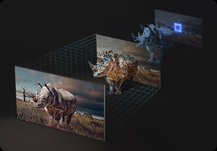 오른쪽 프로세서 칩에서부터 왼쪽 TV 화면으로 코뿔소가 점점 선명하게 보입니다.