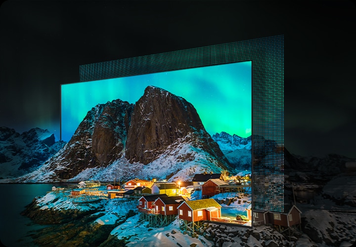 TV 우측 45도 측면 이미지가 보이고, 화면에는 산과 불이 켜진 집들이 보여지고 있습니다.