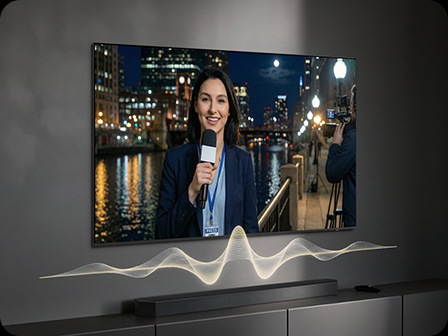 TV 화면에 정보를 전달하는 기자의 모습이 보여지고 있습니다. TV 아래에는 사운드바가 설치된 장식장이 있습니다. TV와 사운드바 사이에는 음향효과가 있습니다.