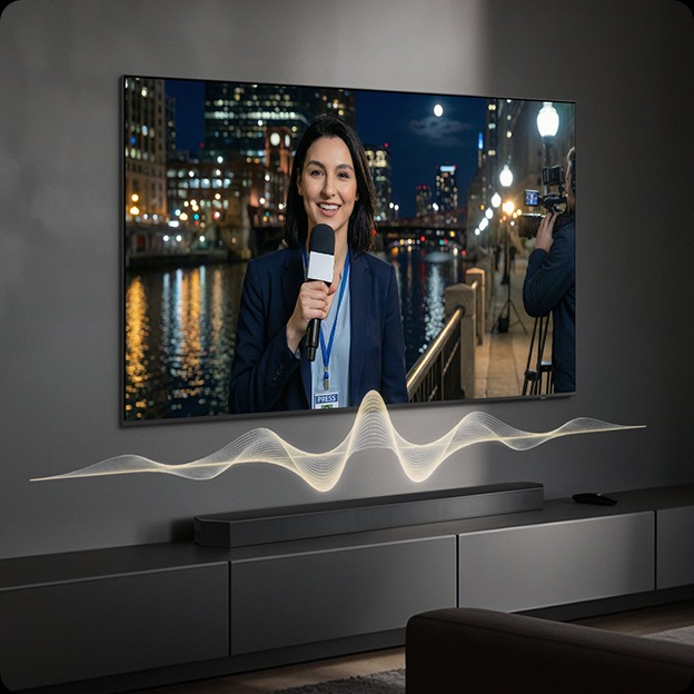 TV 화면에 정보를 전달하는 기자의 모습이 보여지고 있습니다. TV 아래에는 사운드바가 설치된 장식장이 있습니다. TV와 사운드바 사이에는 음향효과가 있습니다.