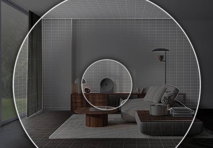 장식장 위에 스피커가 놓여 있으며, 스피커에서 나오는 음향효과가 방 전체로 퍼져 나가고 있습니다.