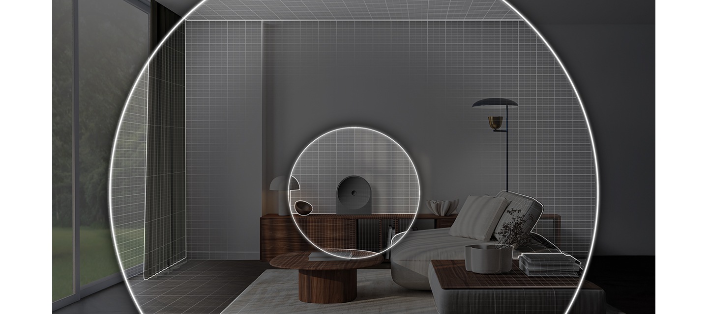 장식장 위에 스피커가 놓여 있으며, 스피커에서 나오는 음향효과가 방 전체로 퍼져 나가고 있습니다.