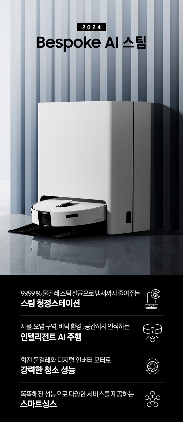 중앙 좌측에 2024 Bespoke AI 스팀 문구가 나와있는 연출 인테리어컷 입니다. 이미지우측 푸른색 템바보드 벽 앞에 Bespoke AI 스팀 제품이 설치되어 있습니다. 인테리어컷 하단에는 4POD가 나와있습니다. 좌측부터 99.99% 물걸레 스팀 살균으로 냄새까지 줄여주는 스팀 청정스테이션 문구와 스팀 아이콘+세균 금지 아이콘, 바닥 환경을 인식하고 장애물도 회피하는 정확도 높은 주행 문구와 스팀이 사물을 인식하는 아이콘, 회전물걸레와 디지털 인버터 모터로 강력한 청소 성능 문구와 모터가 회전하는 아이콘, 똑똑해진 성능에 다양한 서비스를 제공하는 스마트싱스 문구와 스마트싱스 아이콘이 나와있습니다.