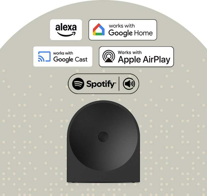 스피커 정면 이미지 뒤로 알렉사, 구글 홈, 구글 캐스트, 애플 에어플레이, 스포티파이 아이콘이 보입니다.