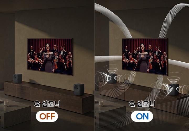 거실 소파에 앉은 여성이 벽에 설치된 TV를 보고 있습니다. TV 화면에는 여성이 노래를 부르고 있습니다. TV 아래에는 장식장이 놓여 있으며, 장식장 양 끝에는 스피커가 놓여 있습니다. 왼쪽 이미지에는 ‘Q 심포니’가 꺼진 상태이며, 오른쪽 이미지는 ‘Q 심포니’가 켜진 상대로 스피커와 TV에서 음향효과가 나오고 있습니다.
