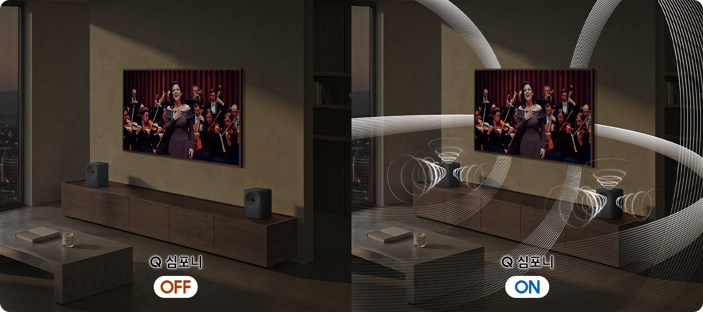 거실 소파에 앉은 여성이 벽에 설치된 TV를 보고 있습니다. TV 화면에는 여성이 노래를 부르고 있습니다. TV 아래에는 장식장이 놓여 있으며, 장식장 양 끝에는 스피커가 놓여 있습니다. 왼쪽 이미지에는 ‘Q 심포니’가 꺼진 상태이며, 오른쪽 이미지는 ‘Q 심포니’가 켜진 상대로 스피커와 TV에서 음향효과가 나오고 있습니다.