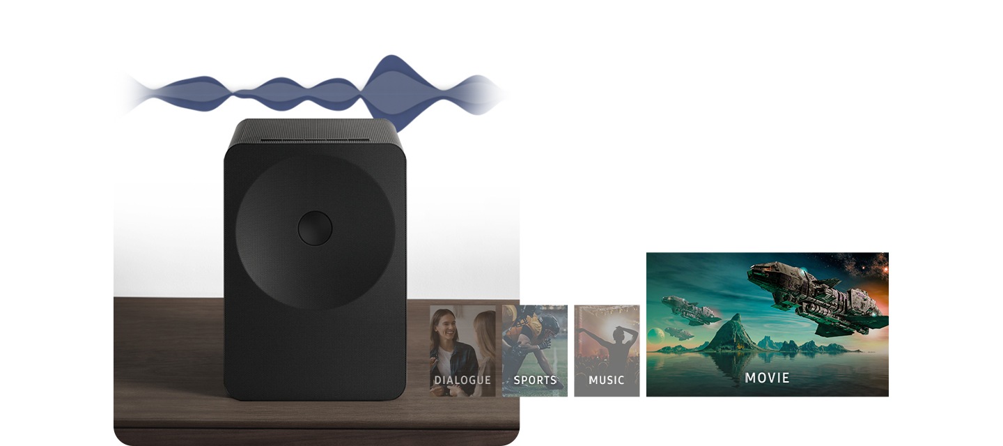 장식장 위에 스피커가 놓여 있으며, 스피커 위에는 음향효과가 있습니다. 스피커 오른쪽에는 AI 사운드 최적화가 적용 가능한 콘텐츠 유형들이 있습니다.