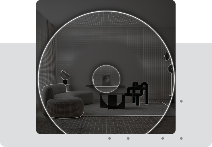 테이블 위에 스피커가 놓여 있으며, 스피커에서 나오는 음향효과가 방 전체로 퍼져 나가고 있습니다.