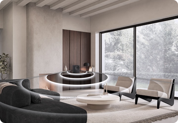 거실 벽 장식장 위에 스피커가 놓여 있습니다. 스피커에서는 음향효과가 나오며, 음향효과가 거실 전체로 퍼져 나가고 있습니다