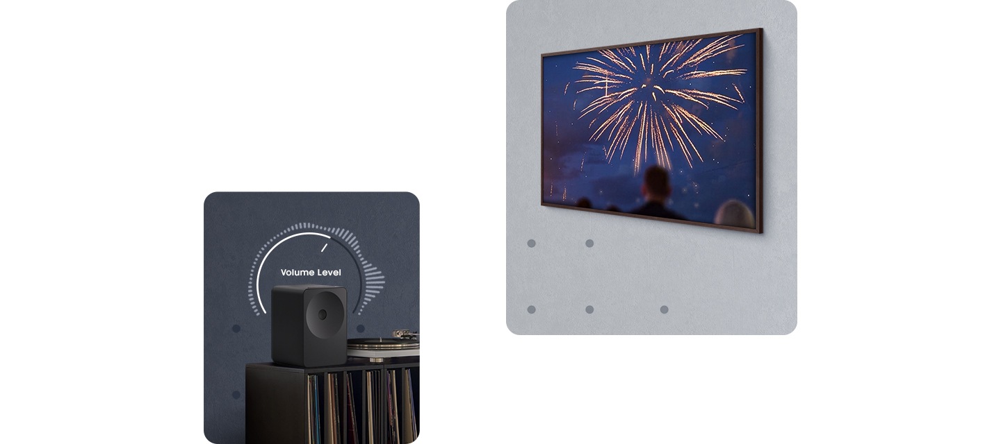 왼쪽에는 장식장 위에 스피커가 놓여 있으며, 스피커 위에는 ‘Volume Level’이 표시되어 있습니다. 오른쪽에는 벽에 TV가 설치되어 있으며, 화면에는 불꽃놀이를 보고 있는 사람들의 뒷모습이 보여지고 있습니다.