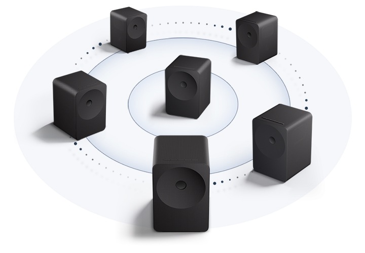 바닥에 크기가 다른 원이 2개가 그려져 있습니다. 작은 원 중간에는 스피커가 놓여 있습니다. 큰 원은 작은 원 위로 그려져 있으며, 그 원을 따라 5개의 스피커가 놓여 있습니다. 큰 원을 따라 놓인 스피커 사이사이에는 스피커끼리 연결된 모습을 표현하는 점선이 있습니다.