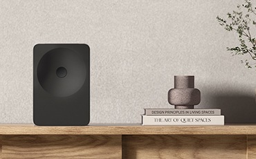 장식장 위에 스피커가 놓여 있습니다. 스피커 오른쪽에는 책 위에 화병이 올려져 있습니다.