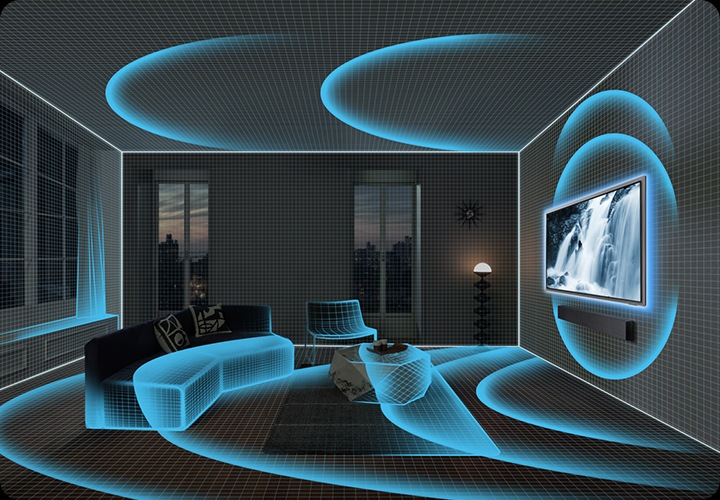 거실 벽에 TV와 사운드바가 설치되어 있으며, 사운드바에서 음향효과가 나와 거실을 덮고 있습니다.