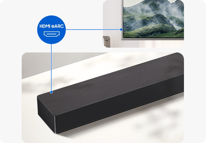 TV와 사운드바가 연결되어 있습니다. 그 사이에는 HDMI eARC 아이콘이 보입니다.