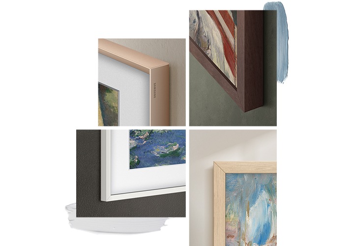 위에서부터 시계방향으로 챔퍼 샌드골드 베젤이 설치된 The Frame의 우측 상단, 플랫 브라운 베젤이 설치된 The Frame의 우측 하단, 플랫 티크 베젤이 설치된 The Frame의 좌측 상단, 플랫 화이트 베젤이 설치된 The Frame의 좌측 하단이 확대되어 있습니다.