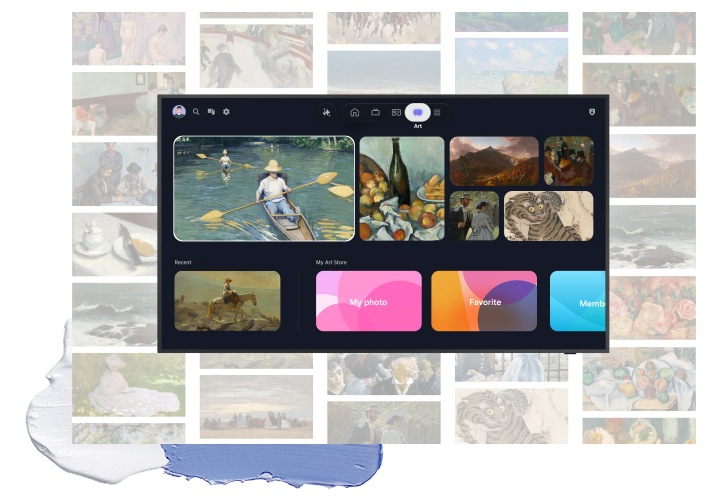 TV 화면과 TV 뒤로 아트 스토어를 통해 확인할 수 있는 명작들이 있습니다.