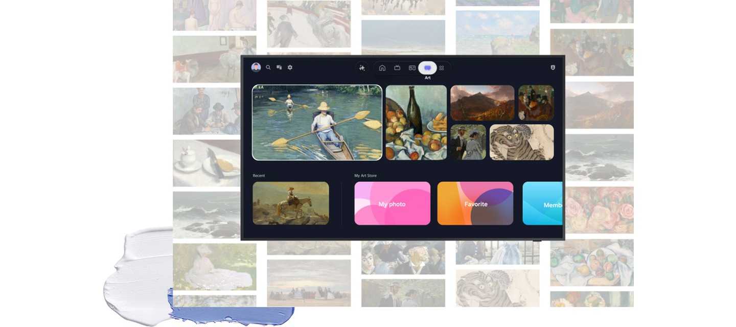 TV 화면과 TV 뒤로 아트 스토어를 통해 확인할 수 있는 명작들이 있습니다.