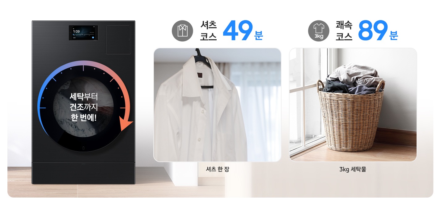 AI 콤보 제품이미지 가운데 '세탁부터 건조까지 한 번에!' 문구와 시계 방향 화살표가 표시된 연출된 이미지 입니다. 3kg 쾌속 코스 89분 문구와 아이콘 아래에 빨래바구니에 세탁물이 가득 담긴 이미지가 나와있고 3kg 세탁물이라는 문구가 있습니다. 셔츠 코스 49분 문구와 아이콘 아래 옷걸이에 하얀 셔츠가 걸려있는 이미지가 나와있고 아래에 셔츠 한 장 이라는 문구가 있습니다.