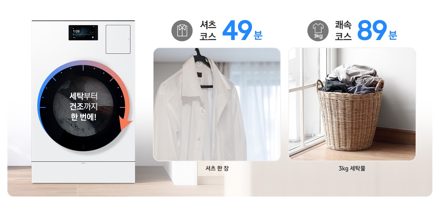 AI 콤보 제품이미지 가운데 '세탁부터 건조까지 한 번에!' 문구와 시계 방향 화살표가 표시된 연출된 이미지 입니다. 3kg 쾌속 코스 89분 문구와 아이콘 아래에 빨래바구니에 세탁물이 가득 담긴 이미지가 나와있고 3kg 세탁물이라는 문구가 있습니다. 셔츠 코스 49분 문구와 아이콘 아래 옷걸이에 하얀 셔츠가 걸려있는 이미지가 나와있고 아래에 셔츠 한 장 이라는 문구가 있습니다.