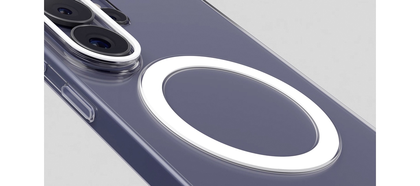 클리어 마그넷 케이스의 자석 링이 확대되어 나타납니다. 화면이 축소되면서 케이스 후면 전체를 보여줍니다. 케이스가 회전한 후 코발트 바이올렛 색상의 갤럭시 S26 울트라에 장착됩니다. 케이스의 자석 링 부분을 다시 한번 클로즈업되는 장면입니다.