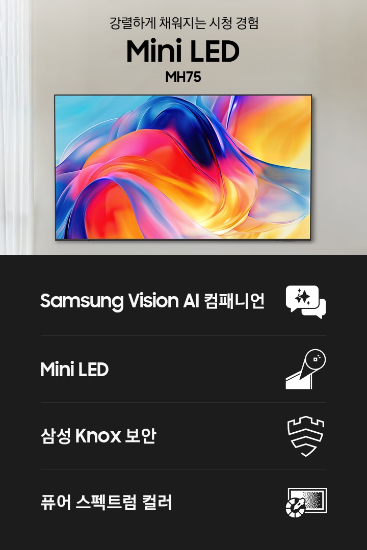 벽에 TV가 설치되어 있습니다. TV 왼쪽으로는 흰색 커튼이 쳐 있으며, 그 위로 ‘강렬하게 채워지는 시청 경험‘ 문구와 TV의 시리즈 명인 ‘Mini LED’ 그리고 모델명인 ‘MH75’이 기재되어 있습니다. 이미지 하단에는 ‘Samsung Vision AI 캠패니언’, ‘Mini LED’, ‘삼성 Knox 보안‘, ‘퓨어 스펙트럼 컬러‘ 문구 및 아이콘이 있습니다.
