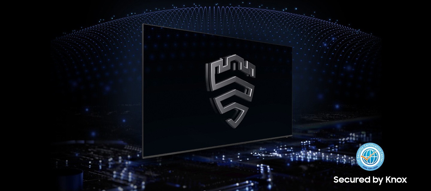 푸른색 배경에 TV가 있습니다. TV 화면에는 Knox 로고가 있습니다.