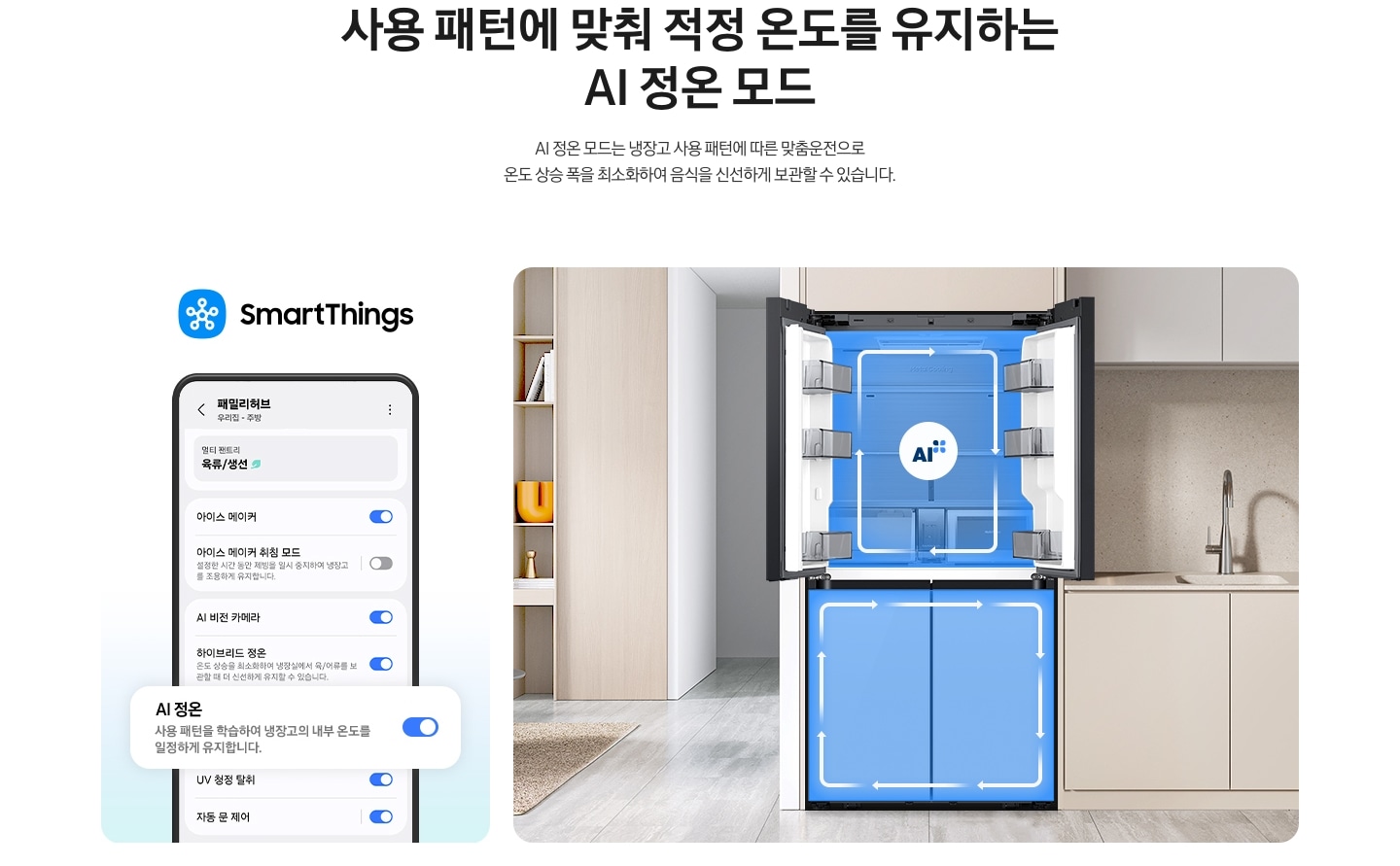 사용 패턴에 맞춰 적정 온도를 유지하는 AI 정온 모드. AI 정온 모드는 냉장고 사용 패턴데 따른 맞춤운전으로 온도 상승 폭을 최소화하여 음식을 신선하게 보관할 수 있습니다. SmartThings 로고가 나와있고 하단에 SmartThings 앱 화면에서 AI 정온 토글이 활성화된 부분이 확대되어 있습니다. 벽면에 냉장고 상칸이 오픈되어 있고 내부에 AI 인증 로고가 나와있습니다. 냉장고 좌측으로는 거실 붙박이장이, 우측으로는 베이지색 하부장 위 수전이 설치되어있는 연출된 이미지 입니다.