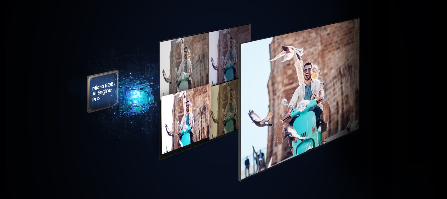 Micro RGB AI 엔진 Pro 프로세서 칩 앞으로 스쿠터를 탄 남성의 이미지가 있습니다. 