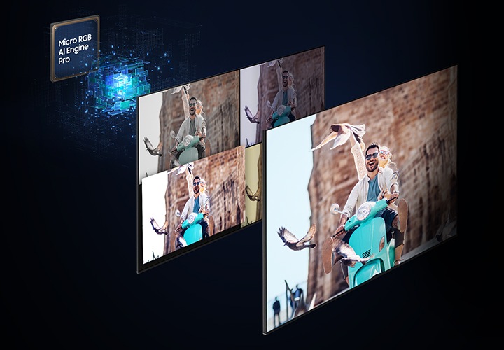 Micro RGB AI 엔진 Pro 프로세서 칩 앞으로 스쿠터를 탄 남성의 이미지가 있습니다. 